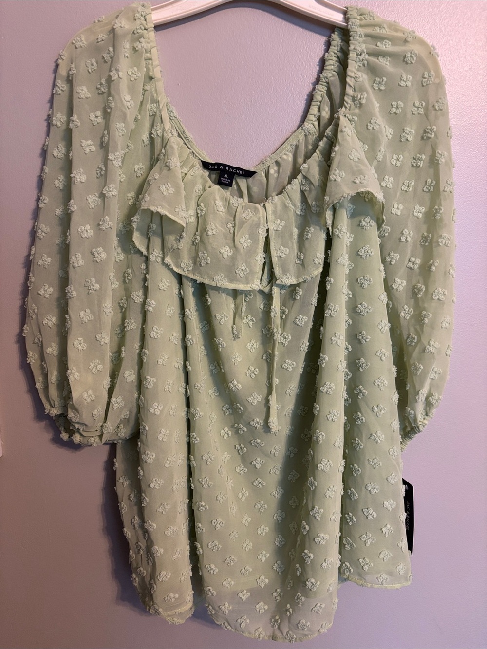 Zac & Rachel Sage Green Textured Ruffle Peasant Blouse